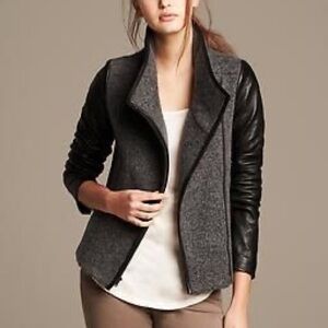 Banana Republic Moto Jacket Wool Leather Grey Black Womens Small